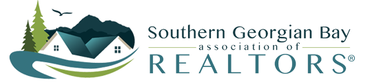 Southern Georgian Bay Association of REALTORS wordmark beside an illustrated house, pines and shoreline